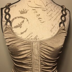 Guess taupe metallic ruched strappy tank, medium